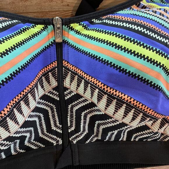 VSX Geo Print Bright Multi Colored Print Front Zip Sports Bra 32D - Picture 2 of 7